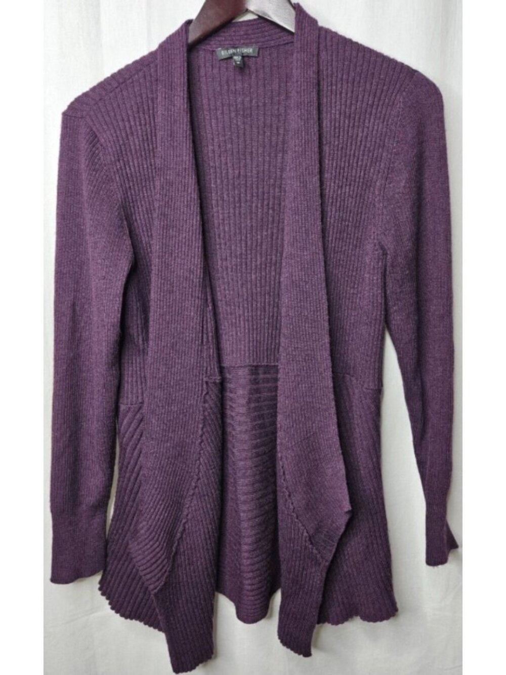 EILEEN FISHER Purple Sz XS Stretchy Ribbed Merino Wool Roomy Waterfall Sweater